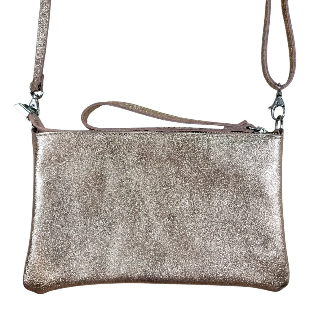 Genuine Leather Crossbody Bag Womens Small Rose Gold Metallic Glitter Italy Made